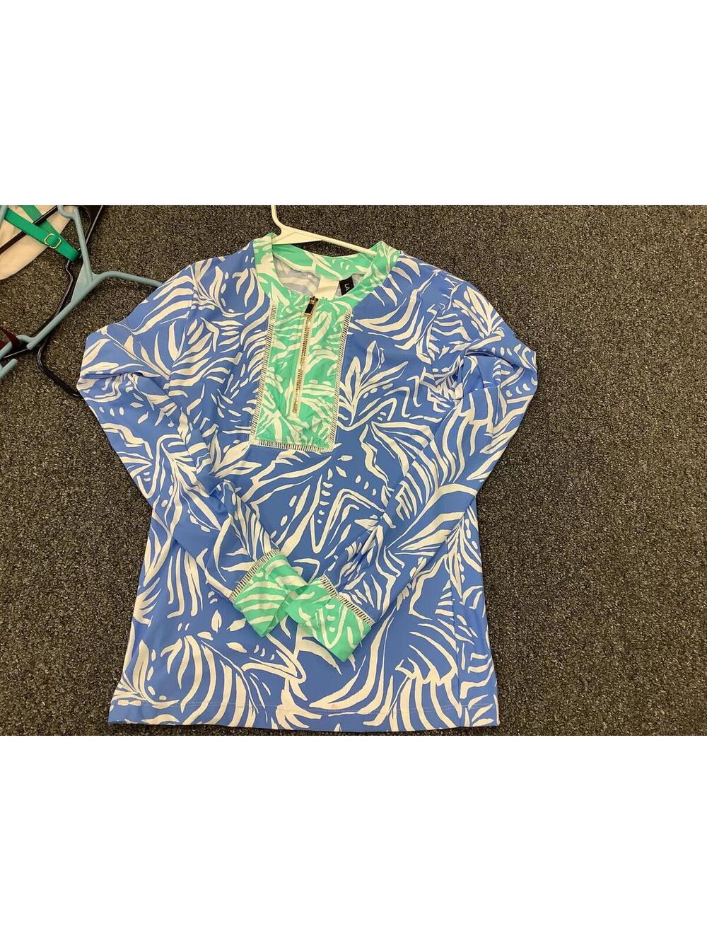 La Blanca Blue and White Patterned Long Sleeve Swim Shirt with Green Trim, SizeM